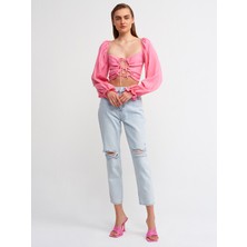 Dilvin 50131 Balon Kollu Crop Top-Fuşya