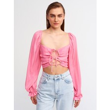 Dilvin 50131 Balon Kollu Crop Top-Fuşya