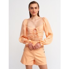 Dilvin 50131 Balon Kollu Crop Top-Şeftali