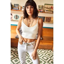 Siyah Kadın Ekru Askılı Likralı Örme Kaşkorse Crop Bluz - GİY00107