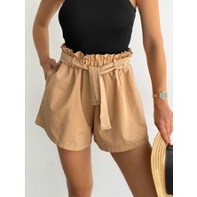 Fav Style Kadın Yüksel Bel Lastikli Kuşaklı Çift Cepli Gabardin Şort Bej