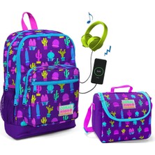 Coral High Mor Kaktüs Baskılı Okul Çantası ve Beslenme Çantası Seti - Kız Çocuk - USB Soketli