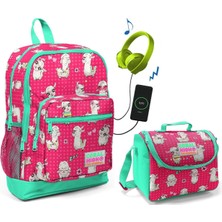 Coral High Lama Baskılı Okul Çantası ve Beslenme Çantası Seti - Kız Çocuk - USB Soketli