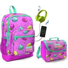 Coral High Makaron Baskılı Okul Çantası ve Beslenme Çantası Seti - Kız Çocuk - USB Soketli