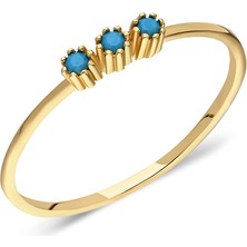 Fasek Gold Tria Altın Yüzük - 14 Ayar Altın Tria Turkuaz Taşlı Minimal Yüzük - Minimal, Eklem Yüzüğü
