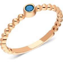 Fasek Gold Tektaş Altın Yüzük - 14 Ayar Altın Güverseli Turkuaz Taşlı Minimal Tek Taş Roz Yüzük - Eşe Yüzük