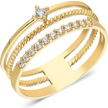 Fasek Gold 925 Ayar Gümüş-Akordion Desenli Burma Telli Sıra Taşlı Alyans Eklem Yüzügü-925 Ayar Sarı Gümüş Hediye Yüzük