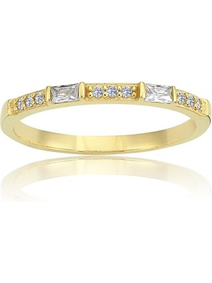 Fasek Gold Baget Altın Yüzük - 14 Ayar Sıralı 0.25 Karat Zirkon Taşlı Altın Yüzük - Eşe, Sevgiliye, Anneye