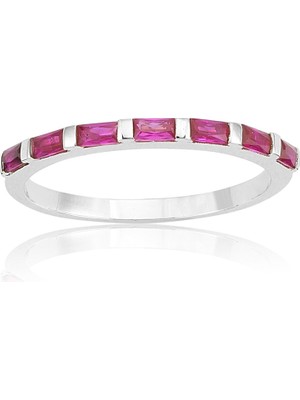 Fasek Gold Baget Altın Yüzük - 14 Ayar Altın Sıralı Baget Ruby Taşlı Yarım Tur Kadın Yüzük - Hediyelik