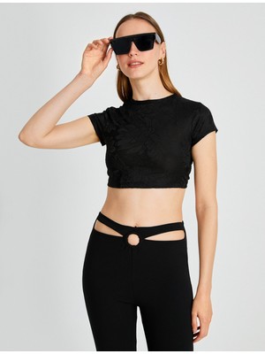 Koton Desenli Crop Tişört Kısa Kollu Bisiklet Yaka