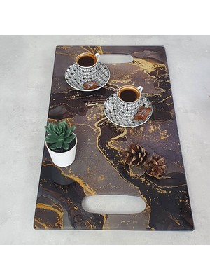 Decorita Cam Tepsi | Kahverengi Simli Mermer | 29cm x 52cm