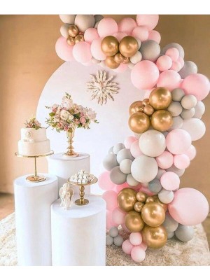 Best Parti Pastel Pembe-Gri -Krom Gold Balon 70 Adet + 5 Mt. Balon Zinciri