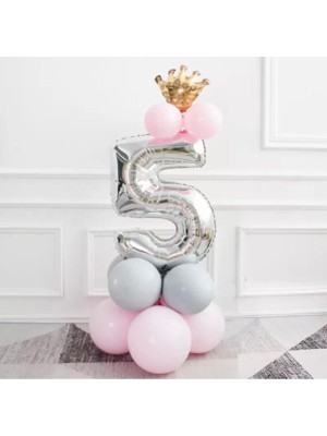 Best Parti 5 Yaş Gümüş Rakam ve Kral Tacı Folyo Balon Doğum Günü