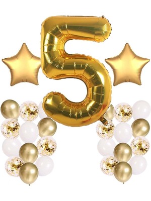 Best Parti Gold Konsept 5 Yaş Doğum Günü Kutlama Seti; Beyaz Gold Konfetili Balon, Rakam Yıldız Folyo