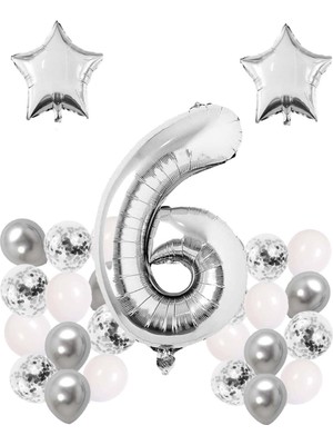 Best Parti Gümüş Konsept 6 Yaş Doğum Günü Kutlama Seti; Beyaz Gümüş Konfetili Balon, Rakam Yıldız Folyo