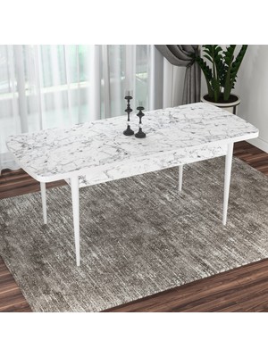 Rovena Bade 70 x 114 cm Beyaz Mermer Desenli Açılabilir Mutfak Masası Takımı 6 Lacivert Sandalye