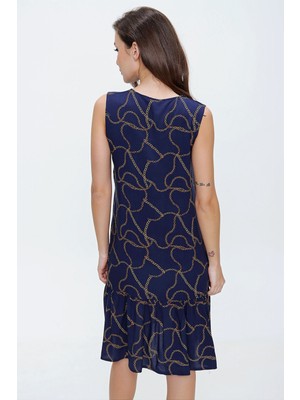 Saygı Giyim Kolsuz Zincir Desen Fırfırlı Viskon Elbise Lacivert