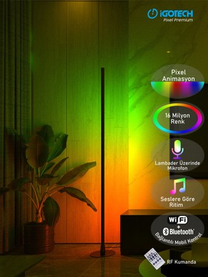 İgotech Pixel Premium Wifi Bluetooth Argb Sese Duyarlı Kumandalı LED Lambader- Siyah 150CM