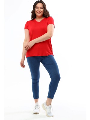 Kadın Kırmızı Büyük Beden V Yaka Basic Viskon T-Shirt