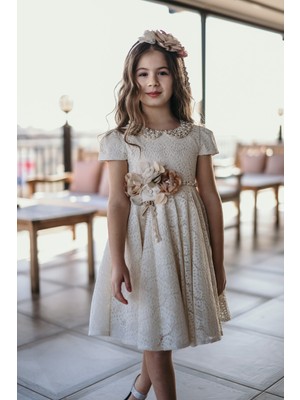 Mialora Couture Ekru, Inci Yaka Detaylı, Kız Çocuk Abiye Elbise, Kız Çocuk Doğum Günü Elbisesi, Kız Parti Elbisesi,
