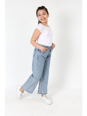 Asortix Kız Çocuk Bol Kesim Jean Kumaş Bol Paça Kot Pantolon PNT-0010 Günlük Kullanım İçin