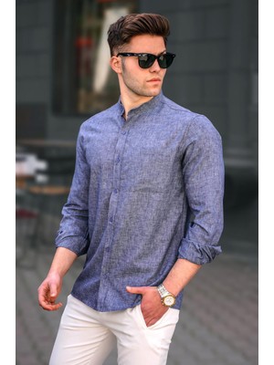 Madmext Erkek Lacivert Keten Düz Uzun Kollu Gömlek 5548