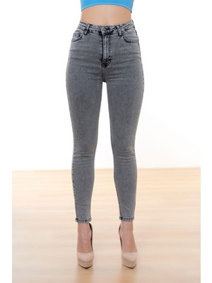 Kadın Füme Renk Ful Likralı Slim Fit Yüksek Bel Jean