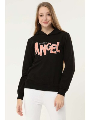 Siyezen Kadın Angel Baskılı Kapüşonlu Sweatshirt Siyah