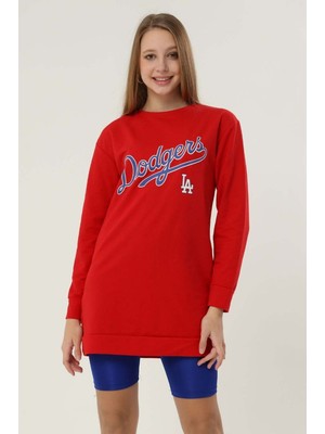 Siyezen Kadın Dodgers Baskılı Sweatshirt Kırmızı