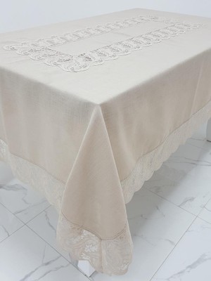 Finezza Narin Lüx Dantelli Keten Kumaş Bej Masa Örtüsü  Dikdörtgen 160x230 cm - 1125