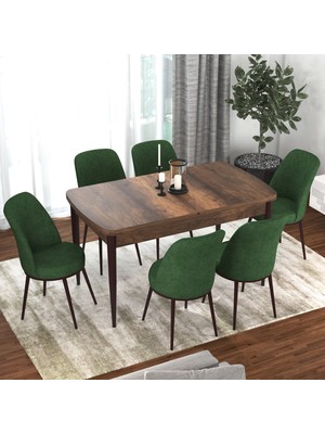 Rovena Bade 70 x 114 cm Mdf Barok Ahşap Desen Açılabilir Mutfak Masası Takımı 6 Haki Yeşili Sandalye