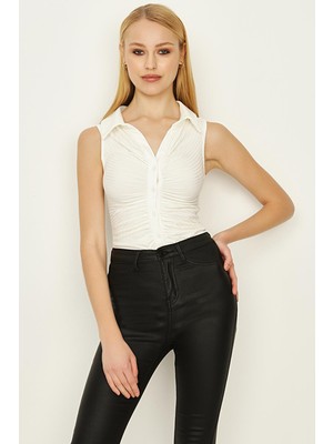 Select Moda Kadın Önü Büzgülü Örme Alttan Çıtçıtlı Body