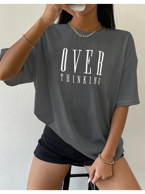 Trendseninle Kadın Füme Over Thinking Baskılı Oversize T-Shirt