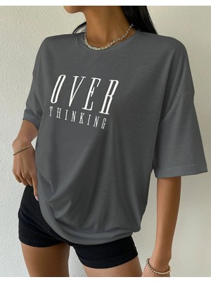 Trendseninle Kadın Füme Over Thinking Baskılı Oversize T-Shirt