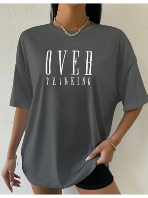 Trendseninle Kadın Füme Over Thinking Baskılı Oversize T-Shirt