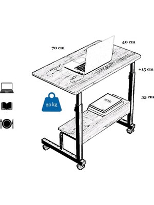 servetavcı Yükseklik Ayarlı Raflı Laptop Sehpası - Atlantik Çam (Tekerli)