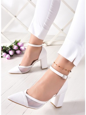 Esteriva Beyaz Parçalı Fileli Kalın Topuklu Kadın Ayakkabısı Beyaz