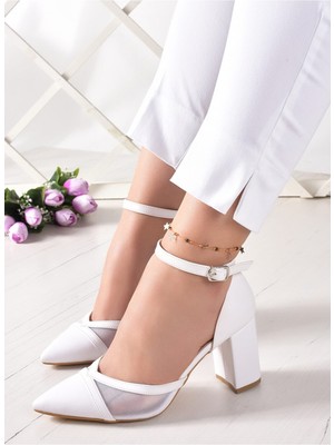Esteriva Beyaz Parçalı Fileli Kalın Topuklu Kadın Ayakkabısı Beyaz