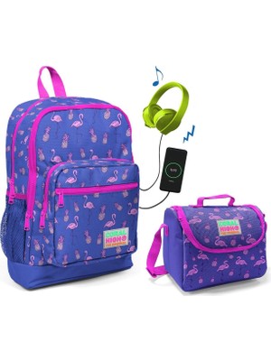 Coral High Mor Flamingo Okul Çantası ve Beslenme Çantası Seti - Kız Çocuk - USB Soketli