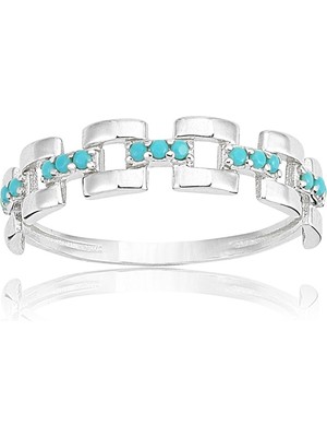 Fasek Gold Taşlı Kare Zincir Firuze Taşlı 925 Ayar Gümüş Yüzük-Taşlı Minimal Gümüş Alyans-Tasarım Eklem Yüzüğü