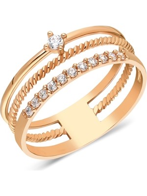 Fasek Gold 925 Ayar Gümüş-Akordion Desenli Burma Telli Sıra Taşlı Alyans Eklem Yüzügü-Roz Gümüş Hediye Yüzük