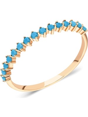 Fasek Gold Gümüş Yüzük - 0.30 CT Firuze Taşlı Yarım Tur Gümüş Yüzük-925 Ayar Kadın Hediyelik Rose Gümüş Yüzük