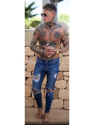 Amor Man Özel Tasarım Büyük Diz Yırtık Detaylı Slim Fit Likralı  Yazlık Erkek Jeans Kot Pantolon