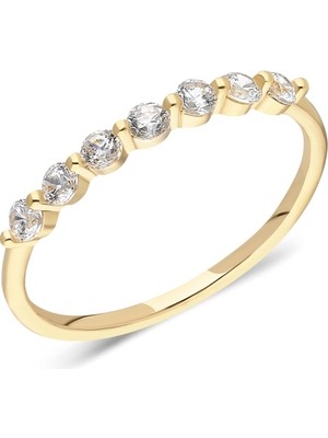 Fasek Gold Gümüş Yüzük - Yedi Taşlı Minimal Alyans Modern Eklem Yüzügü - 925 Ayar Hediyelik Yüzük Roz Gümüş