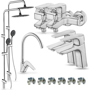 Niobe Set 7 [13 Parça]: Banyo/Duş Bataryası 2 Adet - Banyo - Lavabo Bataryası 2 Adet - Mutfak - Eviye Bataryası 1 Adet - QUA Bien Nelly Kolonlu Duş Seti 2 Adet - Filtreli Ara Musluk 6 Adet