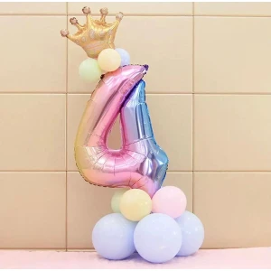 Best Parti 4 Yaş Gökkuşağı Rakam ve Kral Tacı Folyo Balon Doğum Günü
