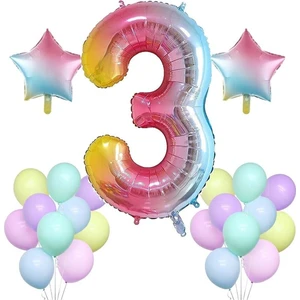 Best Parti Gökkuşağı Konsepti 3 Yaş Doğum Günü Parti Kutlama Seti; Rakam ve Yıldız Folyo,pastel Balon