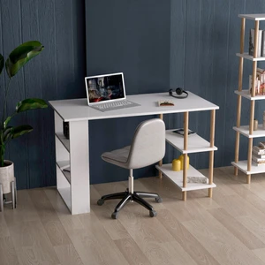 Çalışma Masası Bilgisayar Masası Ofis Ders Masası 4 Raflı Ahşap Ayaklı Beyaz