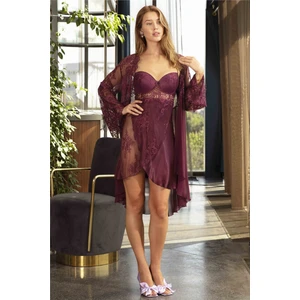 5389 Kadın Saten Sabahlıklı Gecelik Takım-Mor