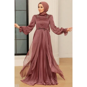 Neva Style Tesettürlü Abiye Elbise - Balon Kol Kahverengi Tesettür Abiye Elbise 21910KH